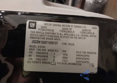 2007 Chevrolet Silverado 1500 Lt1 из США, поврежденный, VIN 2GCEK190871668197